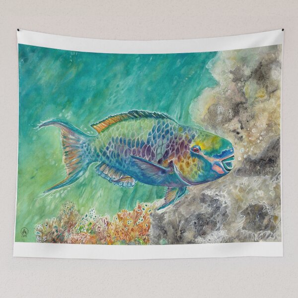 Item preview, Uhu (Rainbow Parrotfish) – Vibrant Hawaiian Marine Life Watercolor Art by AJJ Arts designed and sold by AJJARTSLLC.