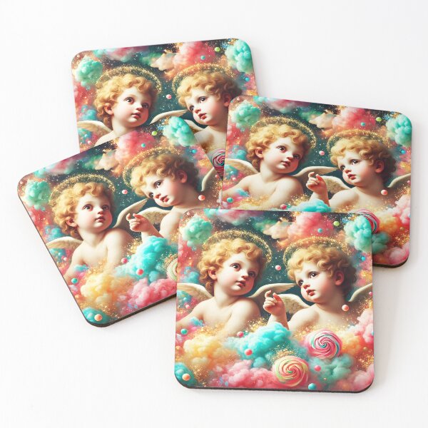Item preview, Renaissance Pun on little Cherubs with cottoncandy colorful clouds and golds parklings designed and sold by EmeraldeaArt.