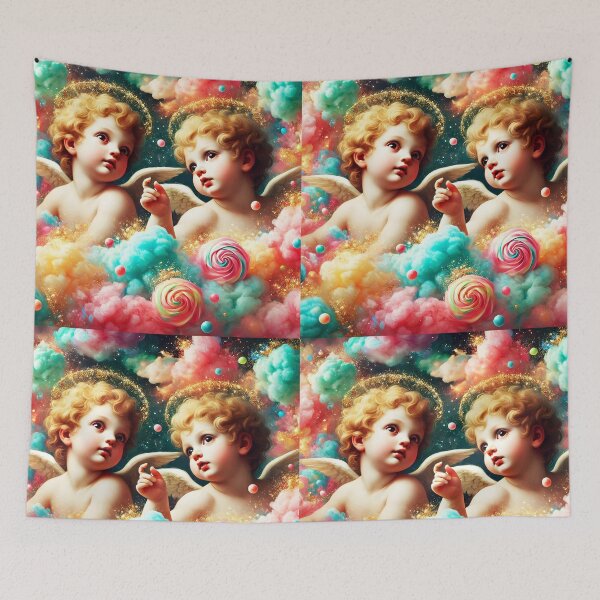 Item preview, Renaissance Pun on little Cherubs with cottoncandy colorful clouds and golds parklings designed and sold by EmeraldeaArt.