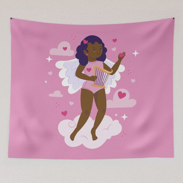 Item preview, black cherub african angel harp hearts clouds girl designed and sold by Gossip Rag.