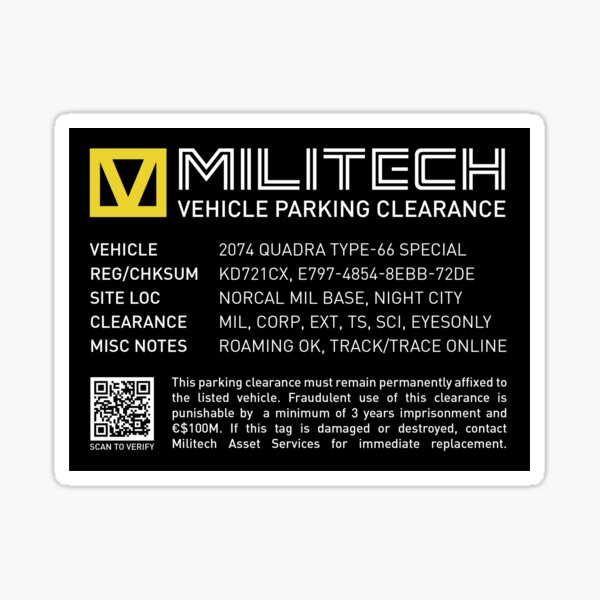 Militech Vehicle Parking Clearance Sticker