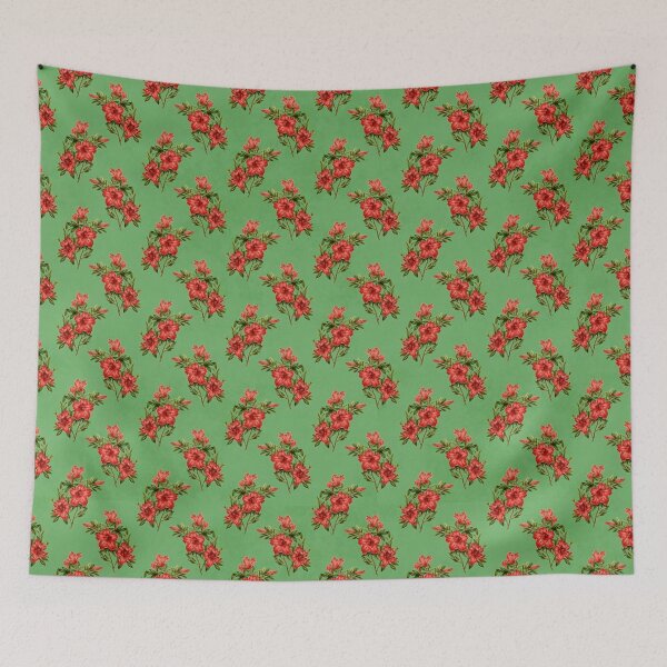Item preview, Red weigela flowers on a green background. designed and sold by claireseyeview.