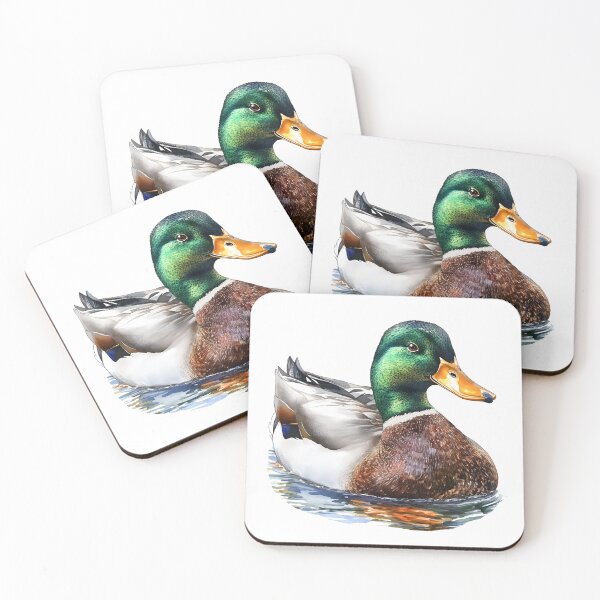 Item preview, A detailed watercolor illustration of a mallard duck with green head feathers and bright orange feet designed and sold by wonderisland.
