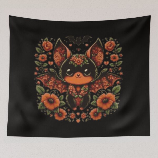 Item preview, cute bat with flowers in retro design designed and sold by CorvusLunaArt.