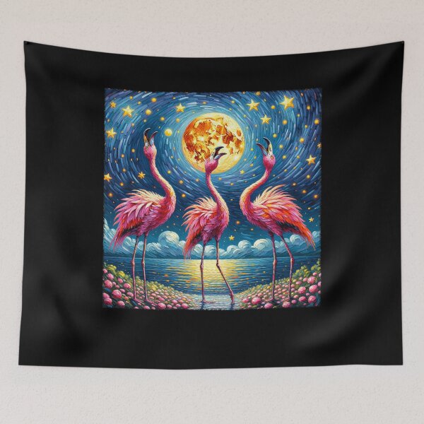 Item preview, Starry Night Three Flamingos Howling at Moon Van Gogh Lover designed and sold by Kimberley King Art  King Art.