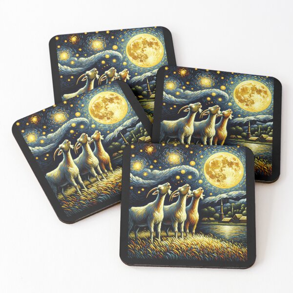 Item preview, Starry Night Three Goats Howling at Moon Farm Farmer designed and sold by Kimberley King Art  King Art.