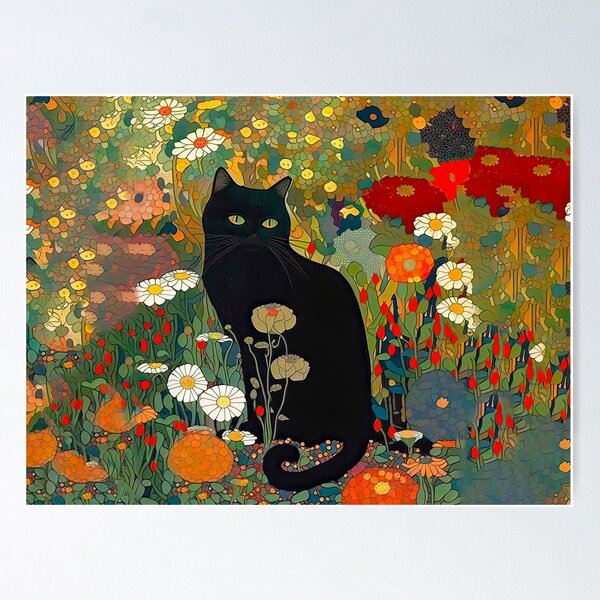 Item preview, Cat Art Print, Gustav Klimt, Black Cat In A Garden THE ORIGINAL! Landscape Version designed and sold by MamboArt.