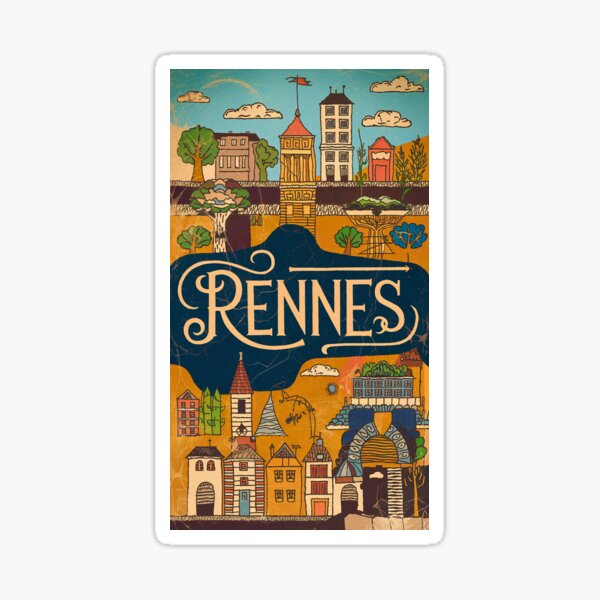 Aperçu de l'œuvre Typographie de griffonnage rétro fantaisiste de la ville de Rennes vintage en France créée et vendue par Witty Shirts.