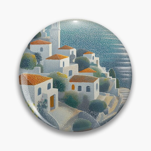 Item preview, Seaside Village at Sunset in Pointillist Style designed and sold by Moisky Art.
