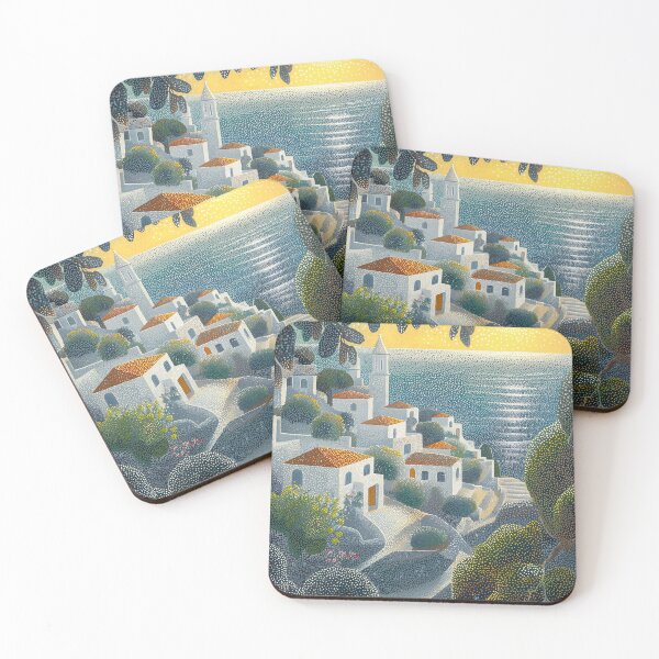 Item preview, Seaside Village at Sunset in Pointillist Style designed and sold by Moisky Art.