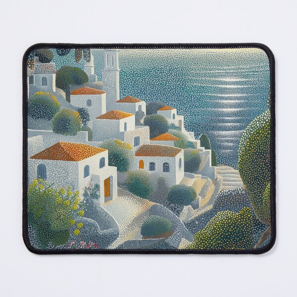 Item preview, Seaside Village at Sunset in Pointillist Style designed and sold by Moisky Art.
