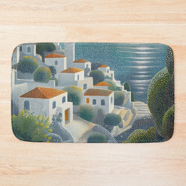 Item preview, Seaside Village at Sunset in Pointillist Style designed and sold by Moisky Art.