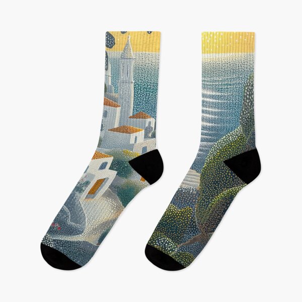Item preview, Seaside Village at Sunset in Pointillist Style designed and sold by Moisky Art.