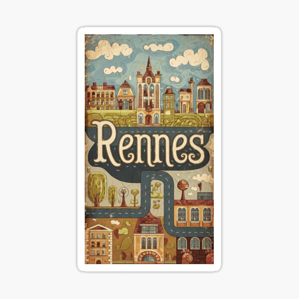 Aperçu de l'œuvre Typographie de griffonnage rétro fantaisiste de la ville de Rennes vintage en France créée et vendue par Witty Shirts.