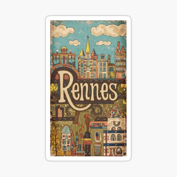 Aperçu de l'œuvre Typographie de griffonnage rétro fantaisiste de la ville de Rennes vintage en France créée et vendue par Witty Shirts.