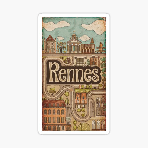 Aperçu de l'œuvre Typographie de griffonnage rétro fantaisiste de la ville de Rennes vintage en France créée et vendue par Witty Shirts.