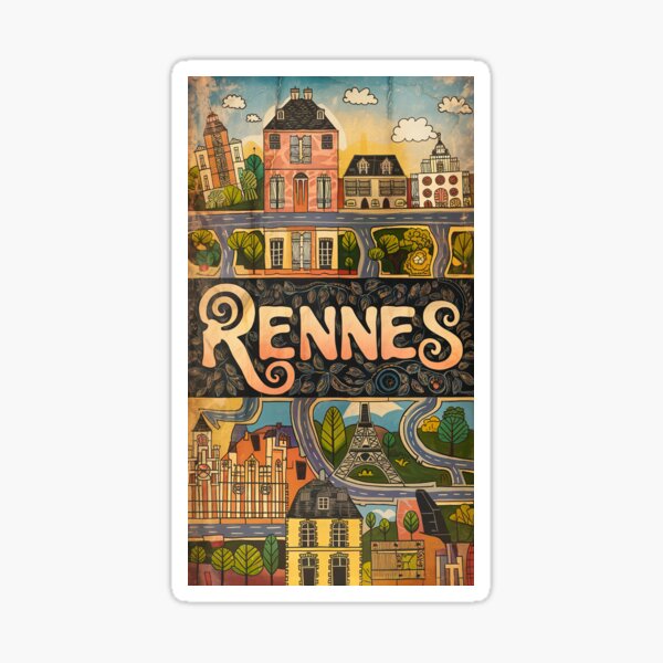 Aperçu de l'œuvre Typographie de griffonnage rétro fantaisiste de la ville de Rennes vintage en France créée et vendue par Witty Shirts.