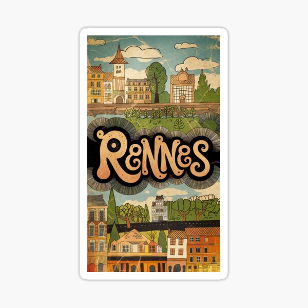 Aperçu de l'œuvre Typographie de griffonnage rétro fantaisiste de la ville de Rennes vintage en France créée et vendue par Witty Shirts.