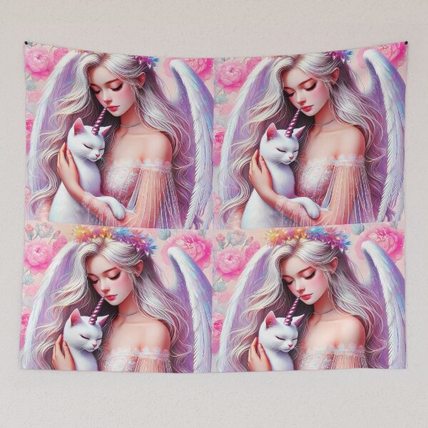 Item preview, Caticorn with an angel fantasy illustration white cat unicorn embraced by white angel designed and sold by EmeraldeaArt.