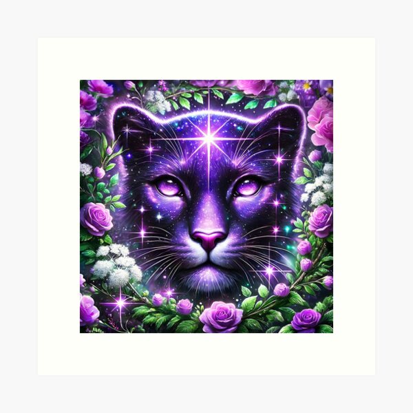 Item preview, Black purple lit sparkling shimmer glimmer glowing panther big cat fantasy digitalart designed and sold by EmeraldeaArt.