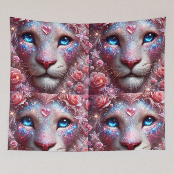 Item preview, Pink rose floral light pink lion with heart pink gem on forehead sparkling shimmer glimmer glowing lion feline big cat fantasy digitalart designed and sold by EmeraldeaArt.