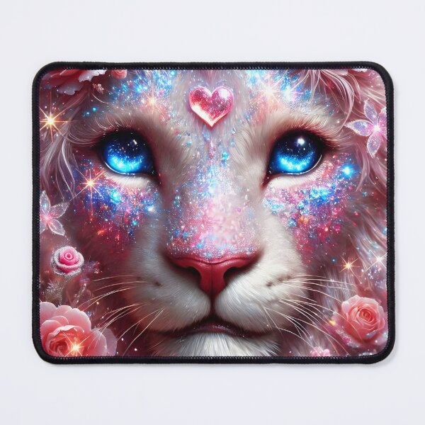 Item preview, Pink rose floral light pink lion with heart pink gem on forehead sparkling shimmer glimmer glowing lion feline big cat fantasy digitalart designed and sold by EmeraldeaArt.