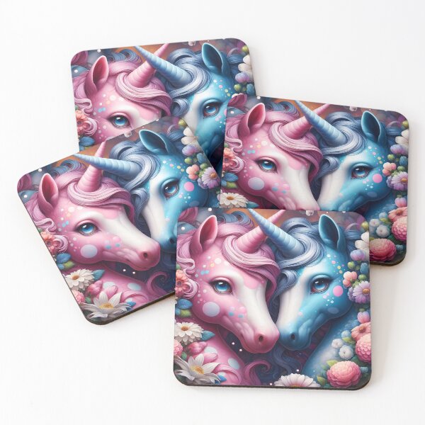 Artikelvorschau, Pastell rosa und blau gepunktete Einhorn Pferde florale Fantasie digitale Illustration entworfen und verkauft von EmeraldeaArt.