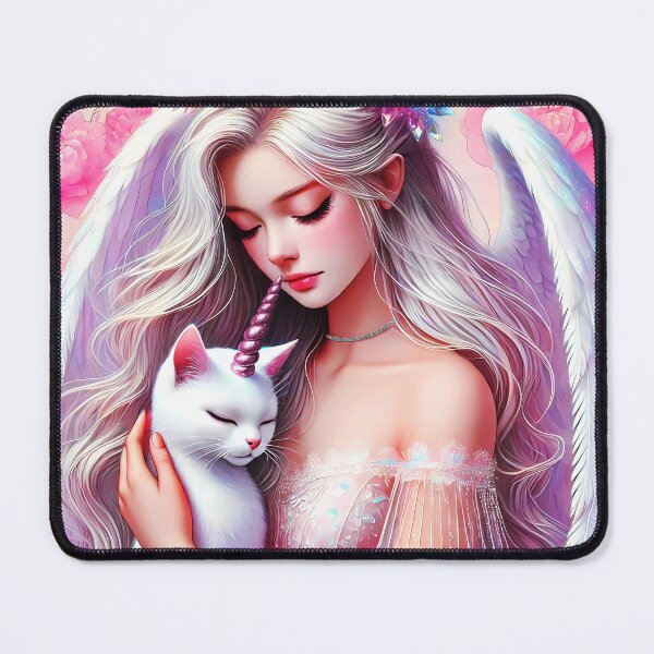 Item preview, Caticorn with an angel fantasy illustration white cat unicorn embraced by white angel designed and sold by EmeraldeaArt.