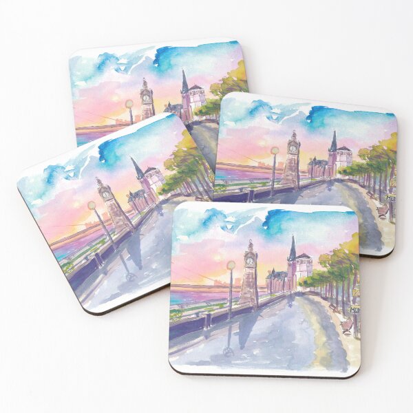 Item preview, Sunset Stroll Along Düsseldorf's Rhine Promenade with Signpost designed and sold by artshop77.