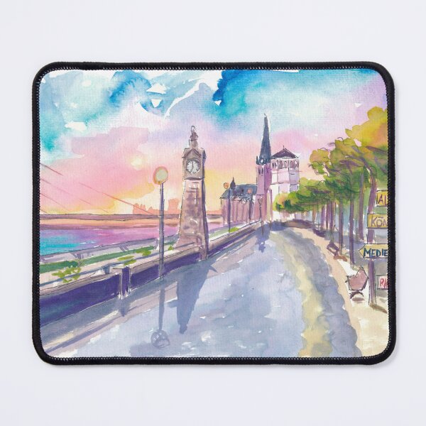 Item preview, Sunset Stroll Along Düsseldorf's Rhine Promenade with Signpost designed and sold by artshop77.
