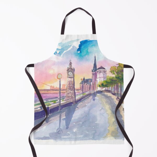 Item preview, Sunset Stroll Along Düsseldorf's Rhine Promenade with Signpost designed and sold by artshop77.