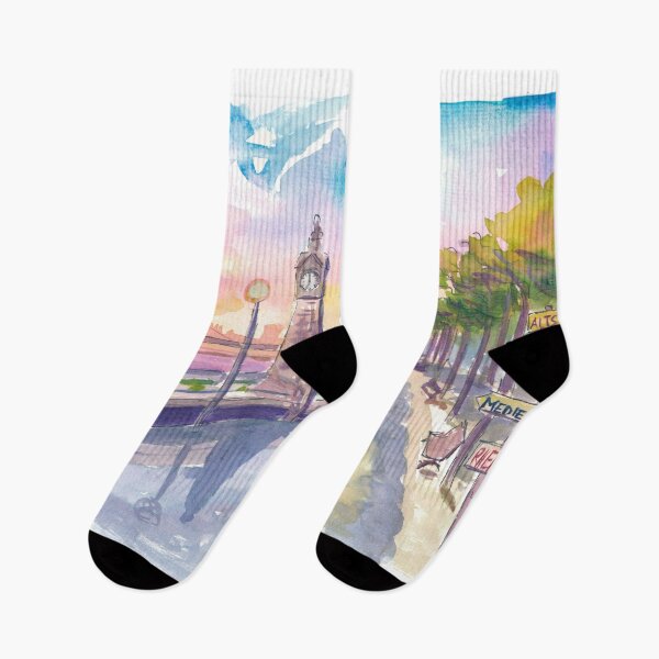 Item preview, Sunset Stroll Along Düsseldorf's Rhine Promenade with Signpost designed and sold by artshop77.