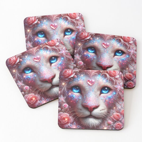 Item preview, Pink rose floral light pink lion with heart pink gem on forehead sparkling shimmer glimmer glowing lion feline big cat fantasy digitalart designed and sold by EmeraldeaArt.