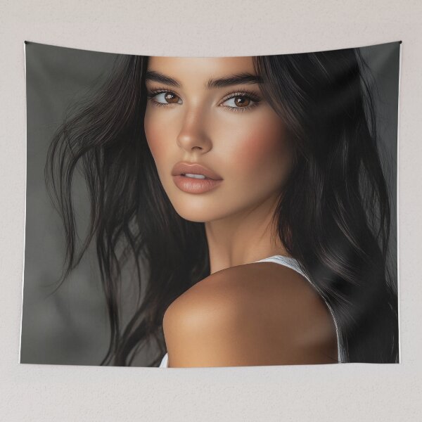 Item preview, A woman with long, flowing hair poses gracefully, showcasing her natural beauty and striking features against a dark background. designed and sold by anytka.