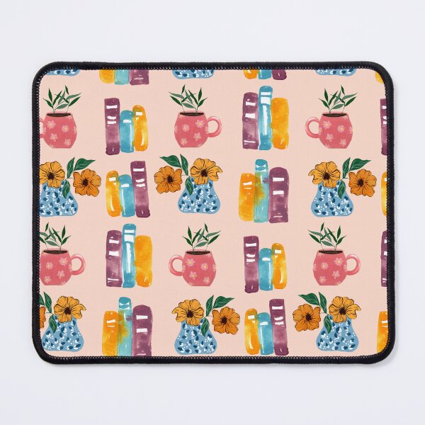 Item preview, Linear pattern with Watercolor Books and Coffee Mug with Botanicals and Blue Flower vase with orange flowers - peach designed and sold by JasmineGDesigns.