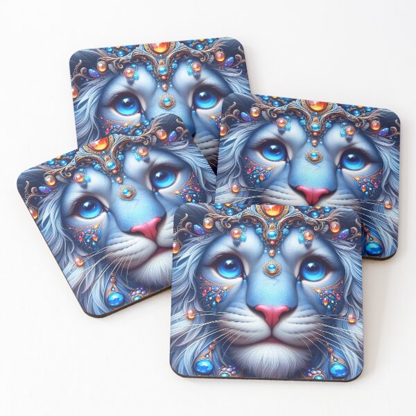 Item preview, Blue bejeweled royal lion feline big cat fantasy portrait digitalart designed and sold by EmeraldeaArt.