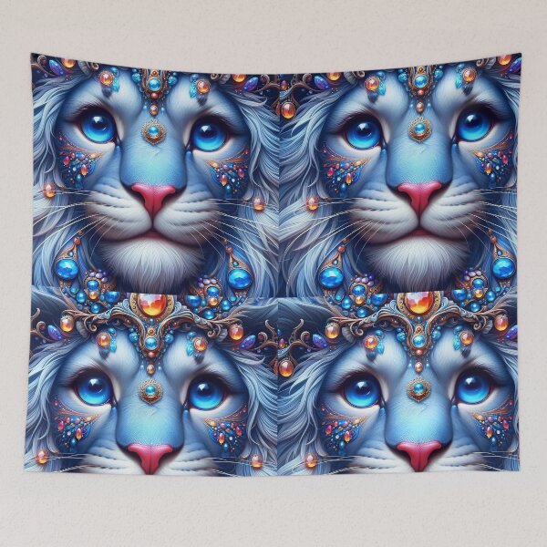 Item preview, Blue bejeweled royal lion feline big cat fantasy portrait digitalart designed and sold by EmeraldeaArt.
