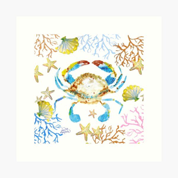 Sea Life Blue Crab, Coral, Starfish and Shells JanMarvinArt.com Art Print