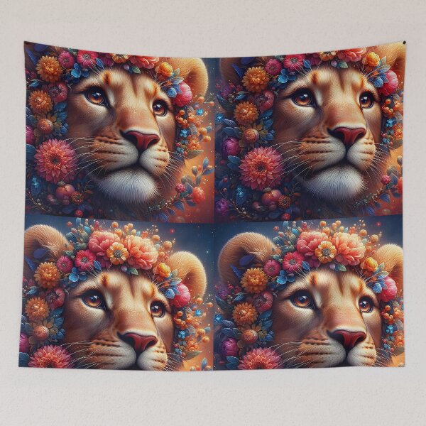 Item preview, Floral decorated lioness feline big cat fantasy portrait digitalart designed and sold by EmeraldeaArt.