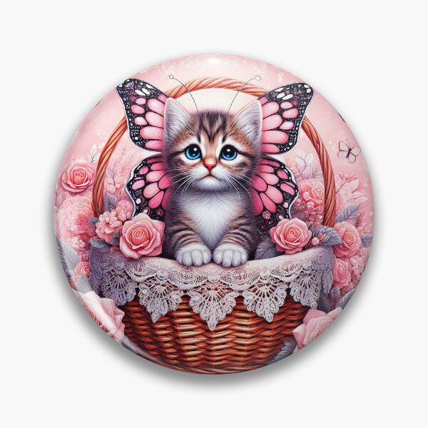 Item preview, Adorable Kitty with butterfly fairy wings in lace decorated basket with pink roses fantasy digitalart designed and sold by EmeraldeaArt.