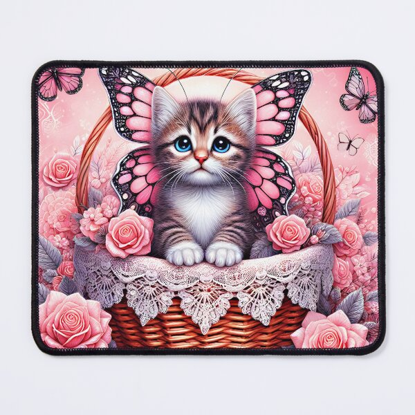 Item preview, Adorable Kitty with butterfly fairy wings in lace decorated basket with pink roses fantasy digitalart designed and sold by EmeraldeaArt.