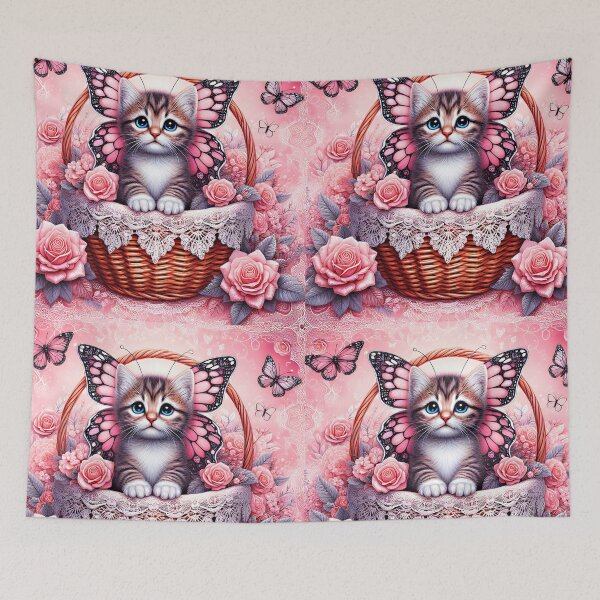 Item preview, Adorable Kitty with butterfly fairy wings in lace decorated basket with pink roses fantasy digitalart designed and sold by EmeraldeaArt.