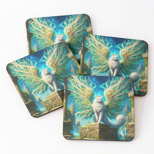 Item preview, Fantasy white gold winged Cat on pedestal digitalart designed and sold by EmeraldeaArt.