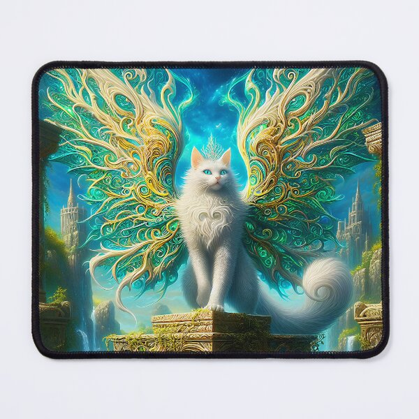 Item preview, Fantasy white gold winged Cat on pedestal digitalart designed and sold by EmeraldeaArt.