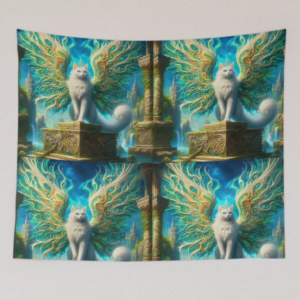 Item preview, Fantasy white gold winged Cat on pedestal digitalart designed and sold by EmeraldeaArt.