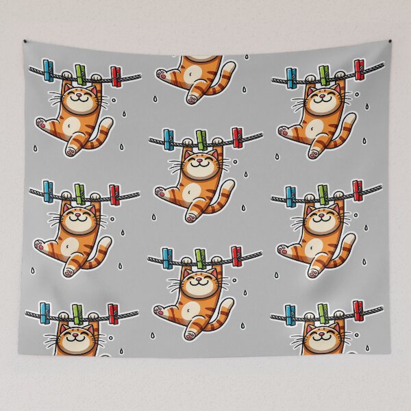Item preview, Playful Orange Tabby Cat Hanging on Clothesline - Cute and Funny Cartoon Illustration designed and sold by Psycho-Crazy.
