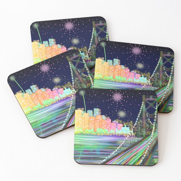 Item preview, Bay Bridge Rainbow Firework Cityscape designed and sold by MobiusMakings.