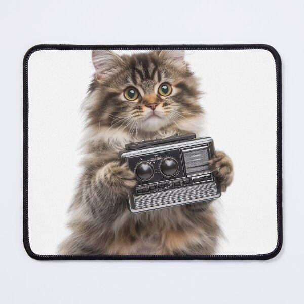 Item preview, A fluffy cat holding a vintage radio, showcasing an adorable and playful expression. designed and sold by DedeeArtthai.