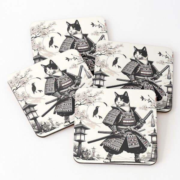 Item preview, Japanese Samurai Cat Woodcut Illustration | Whimsical Feline Warrior Art | Traditional Japanese Ukiyo-e Style Cat Design | Samurai Cat Tribute designed and sold by PaintedPixels01.