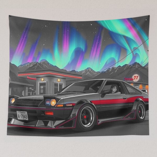 Item preview, Toyota AE86, anime/ manga art with northern lights, retro designed and sold by Salimgor Hangaround Music.